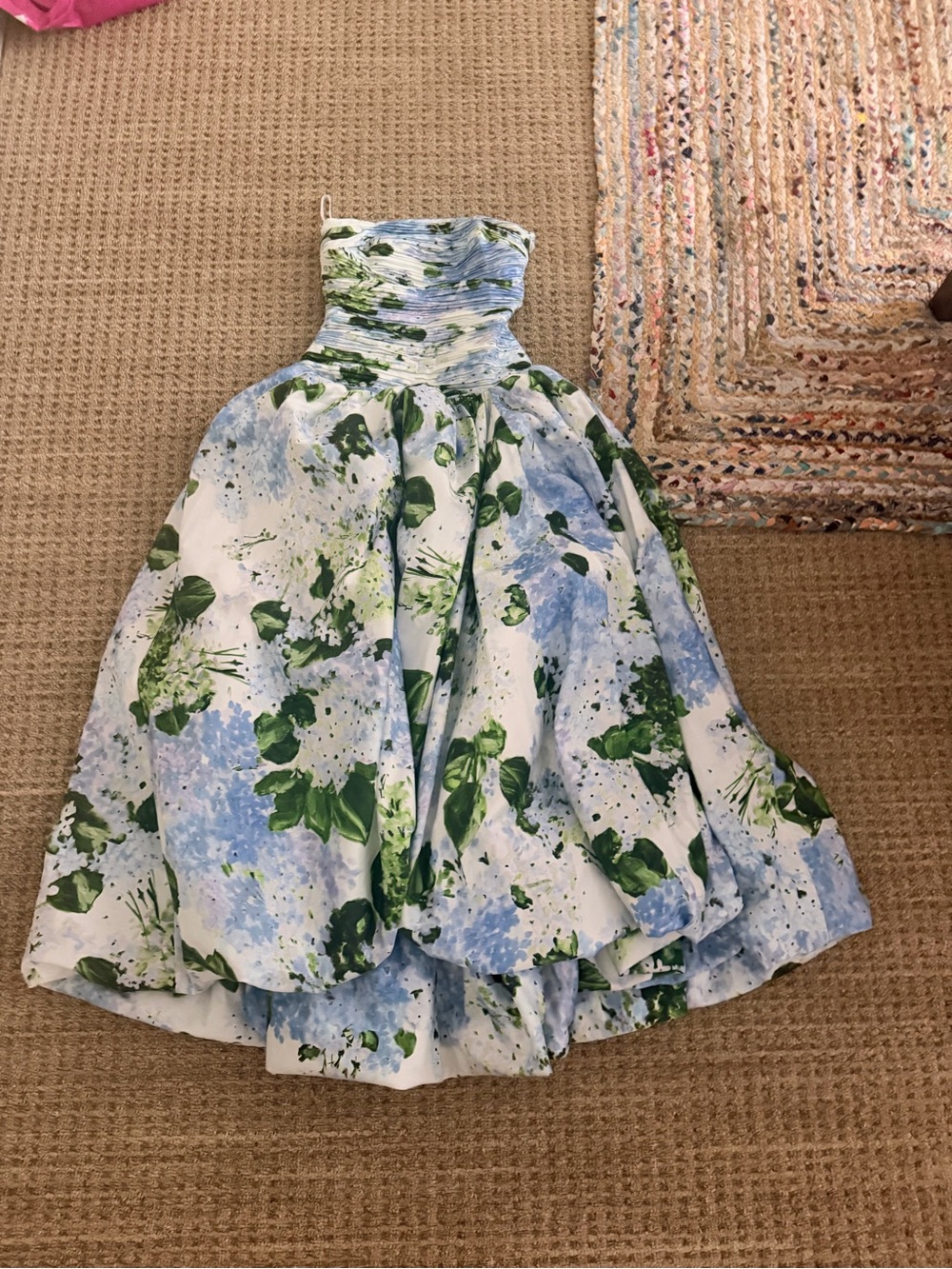 Aje Blue & Green Floral Strapless Bubble Dress